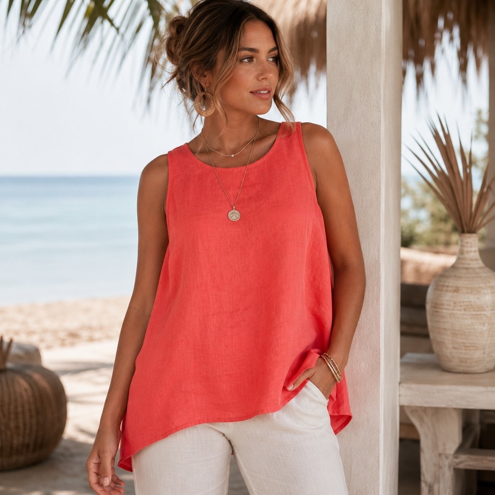 Island Company Womens Cool Breeze Linen Tunic Top Sz L Coral Resort Coastal Luxe